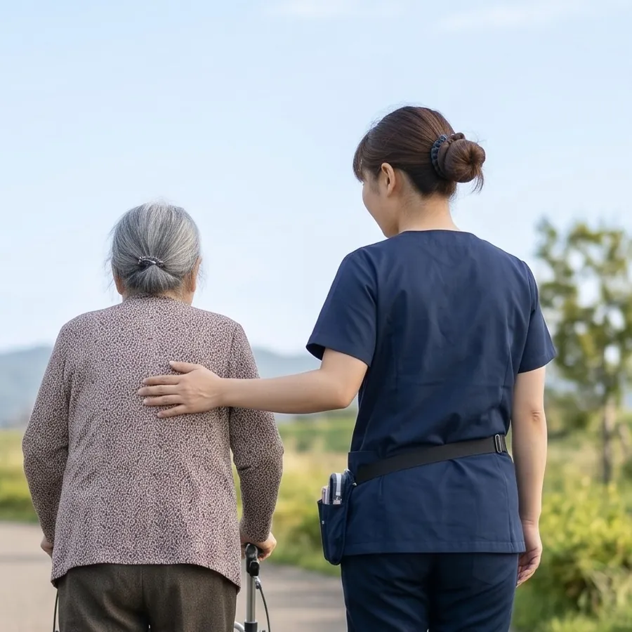 寄り添って歩く看護師と利用者の後ろ姿